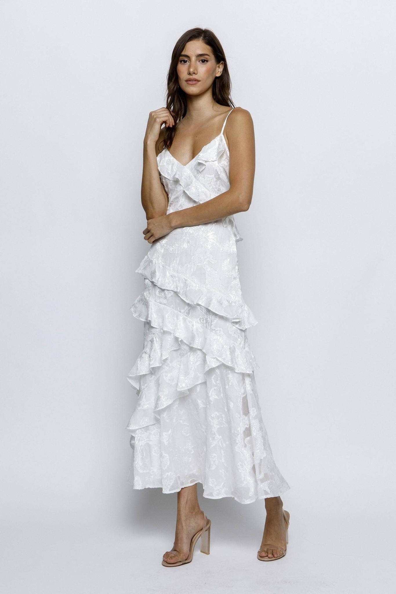 White Beads Embossed Print Ruffled Slip Dress