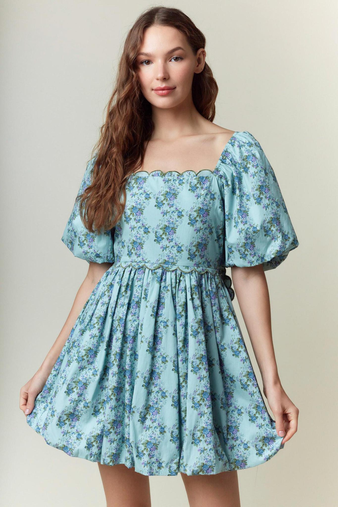 Emerald Floral Printed Scallop Embroidery Mini Dress
