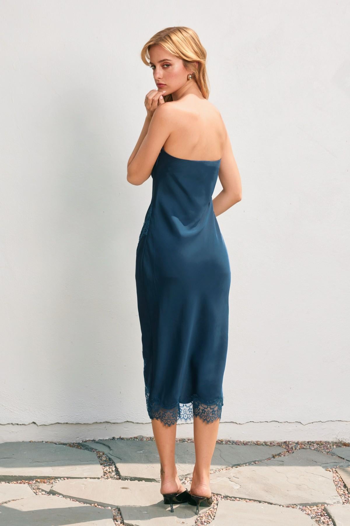 Emerald Blue Satin Strapless Lace Hem Midi Dress