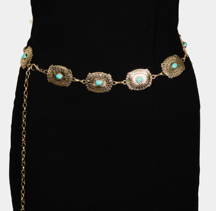 Turquoise Studded Oval Gold Chain Belt
