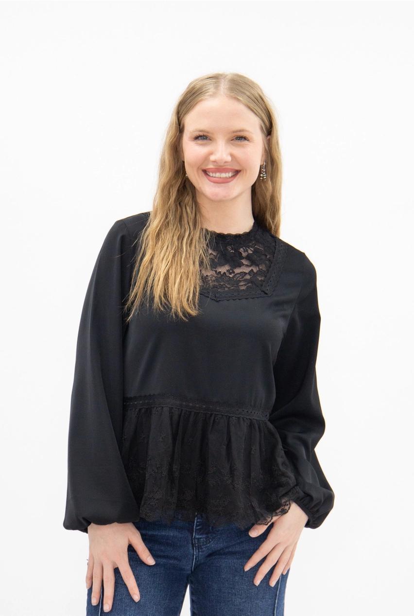 Black High Neck Blouse with Lace Peplum