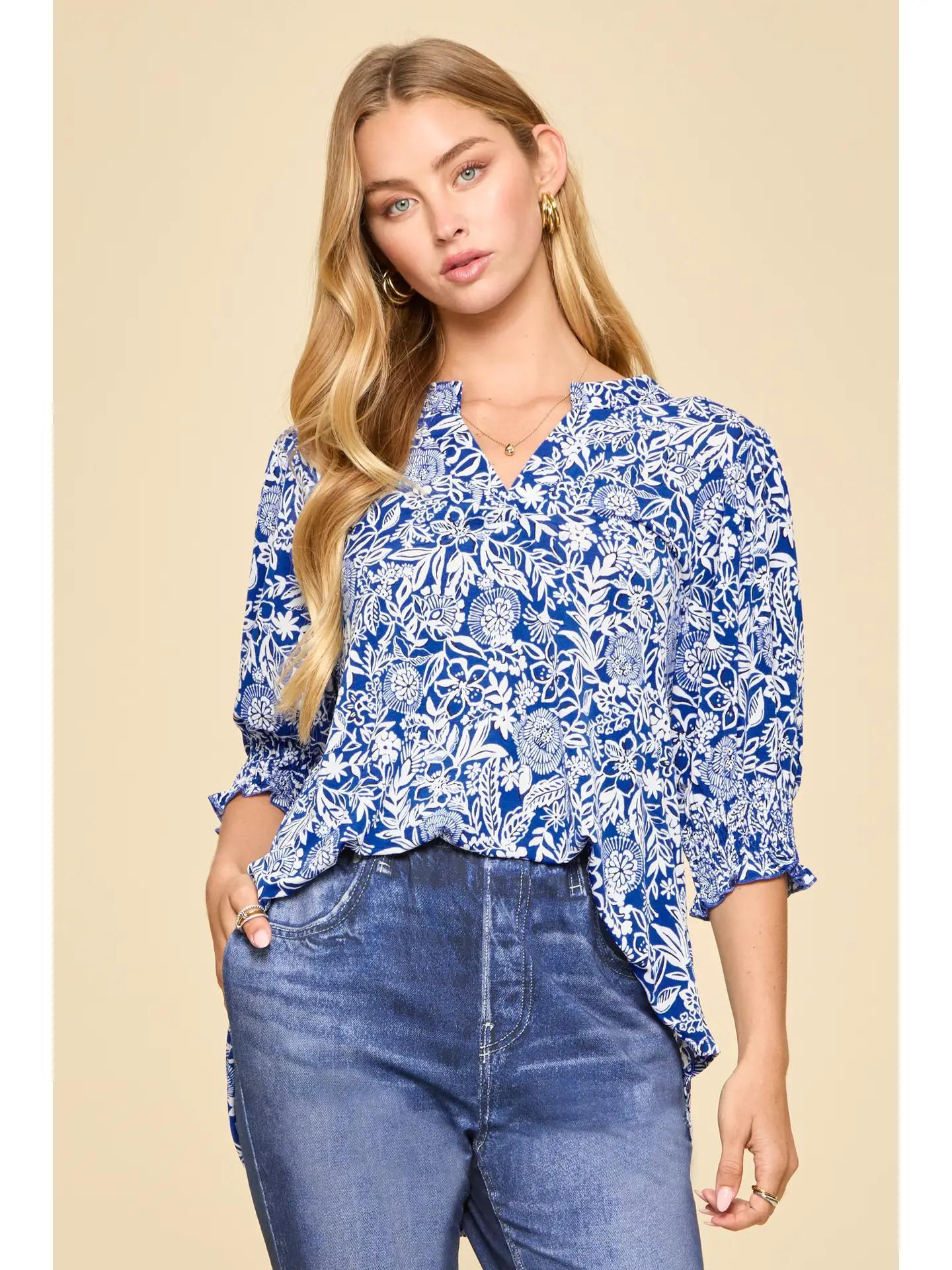 Royal Blue Smocked 3/4 Sleeve Lizzy Top