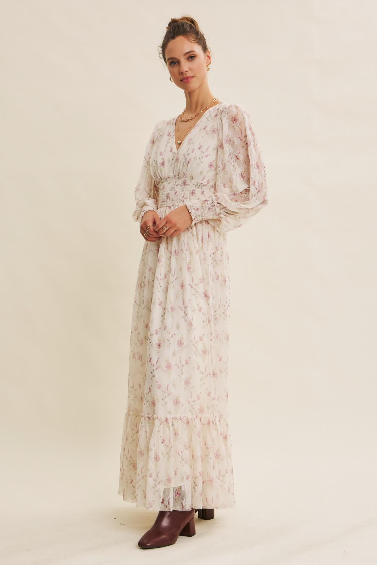 Dreamy Floral Mesh Maxi Dress With Smocked Waist