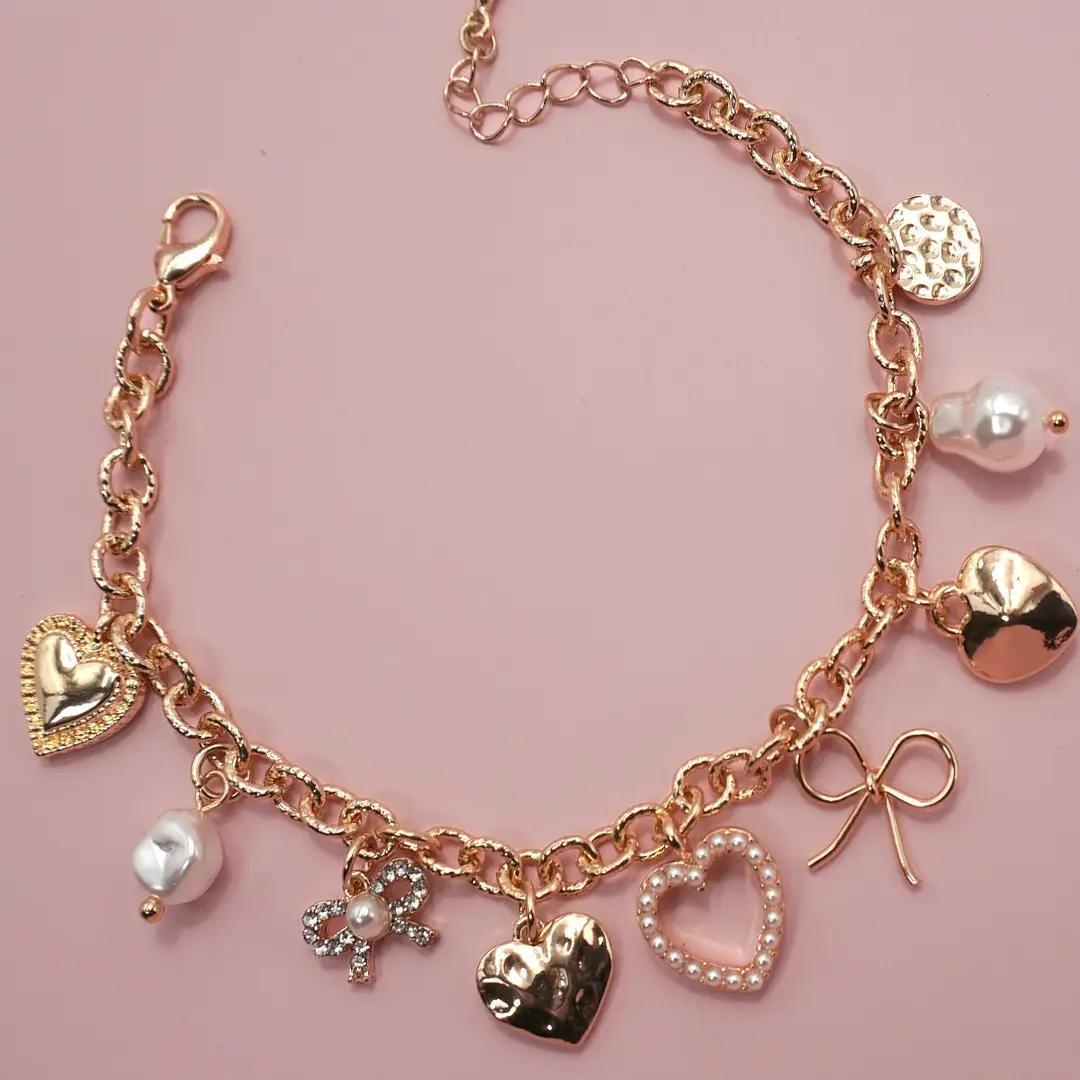 Charm Bracelet - Bow Heart Pearl Disc Charms