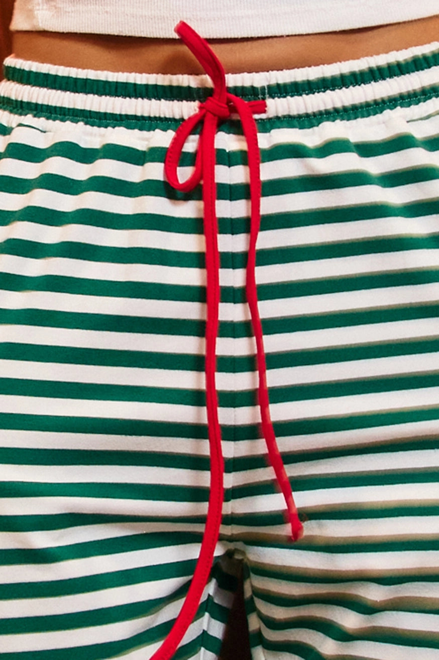 Green/Ivory Drawstring Wide Leg Striped Lounge Pants