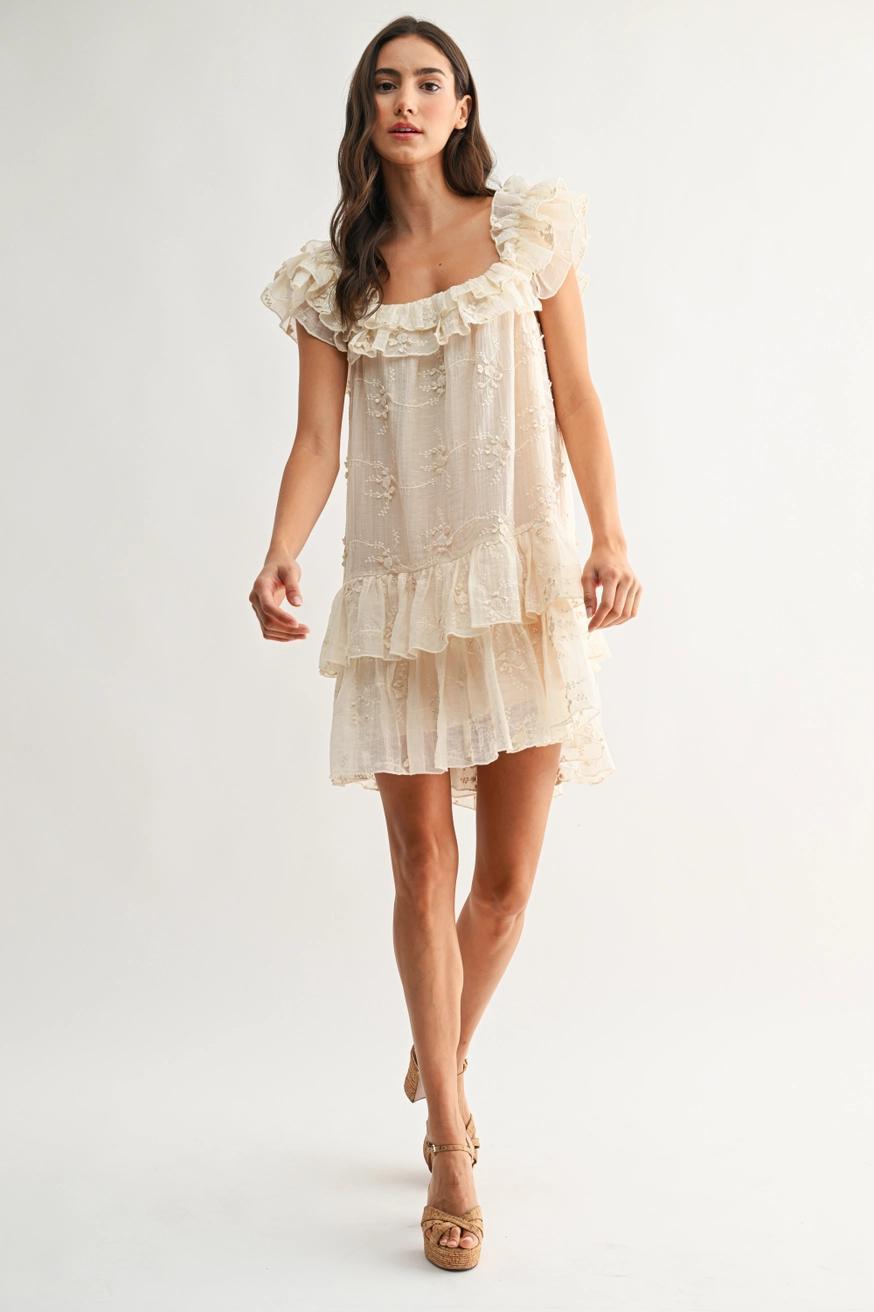 Ruffled Embroidered Tiered Dress in Cream