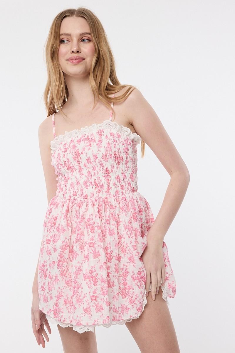 Pale Floral Attachable Strap Lace Mini Dress - Red Painted