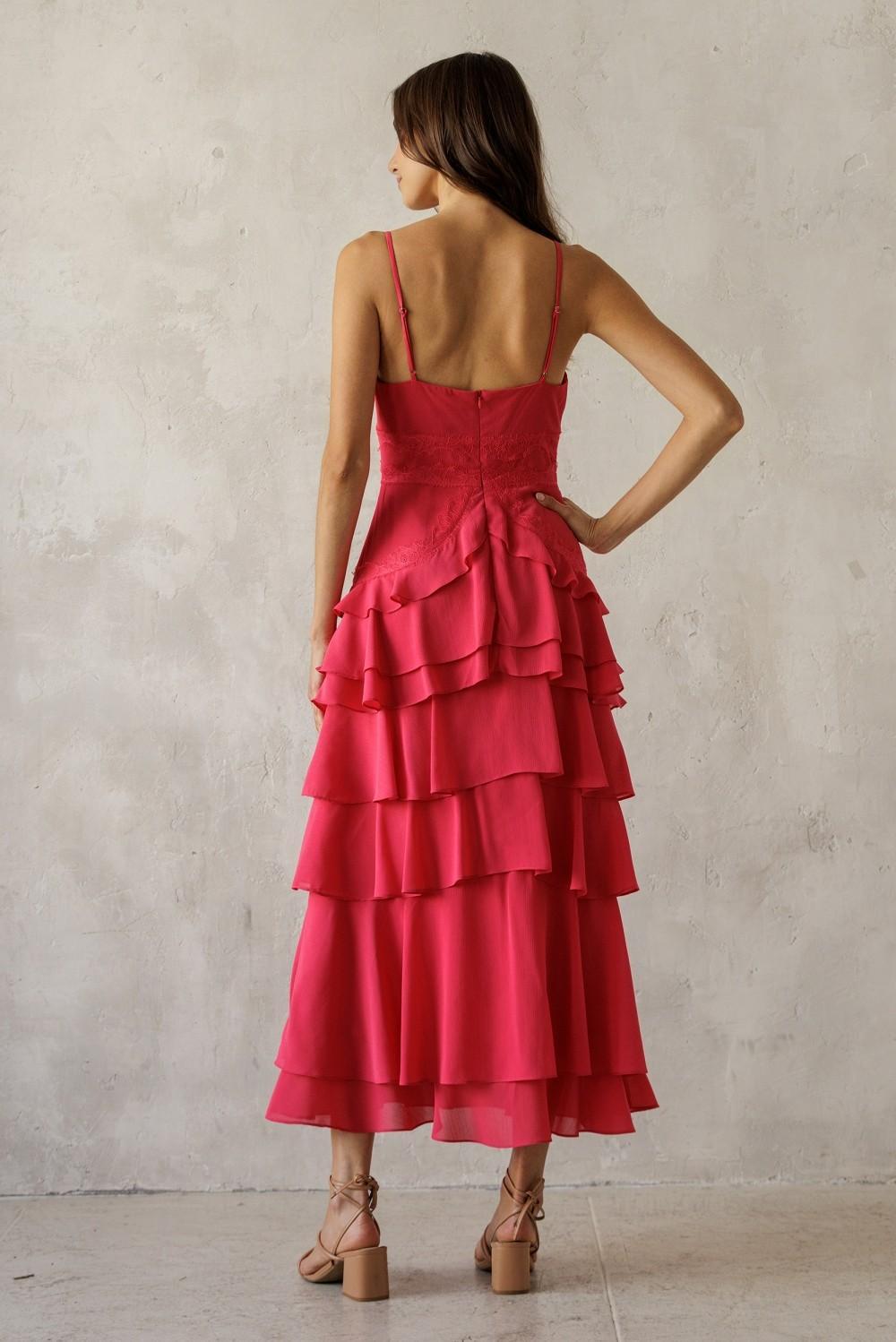 Lace Trim Tiered Midi Dress - Hot Pink