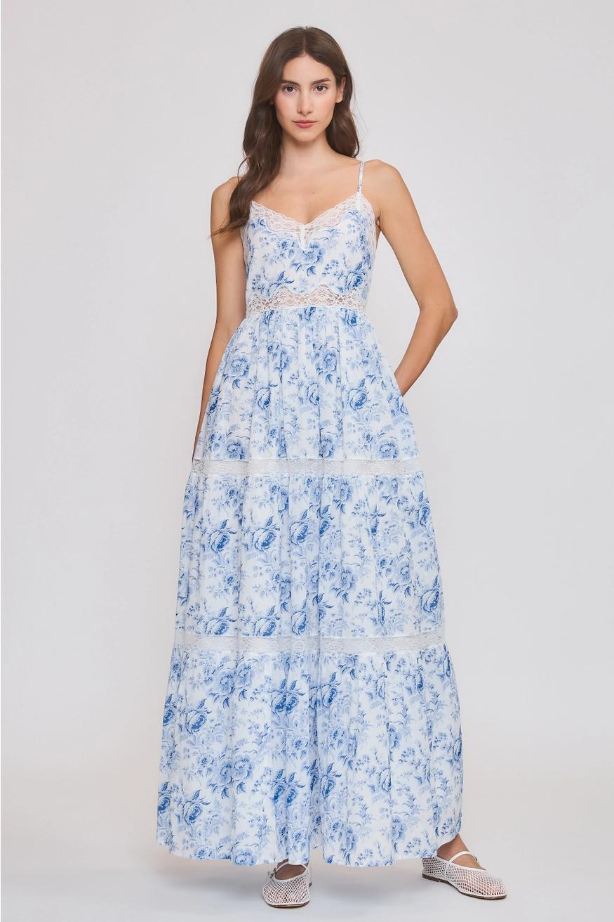 Blue Floral Midi Dress with Lace Trim
