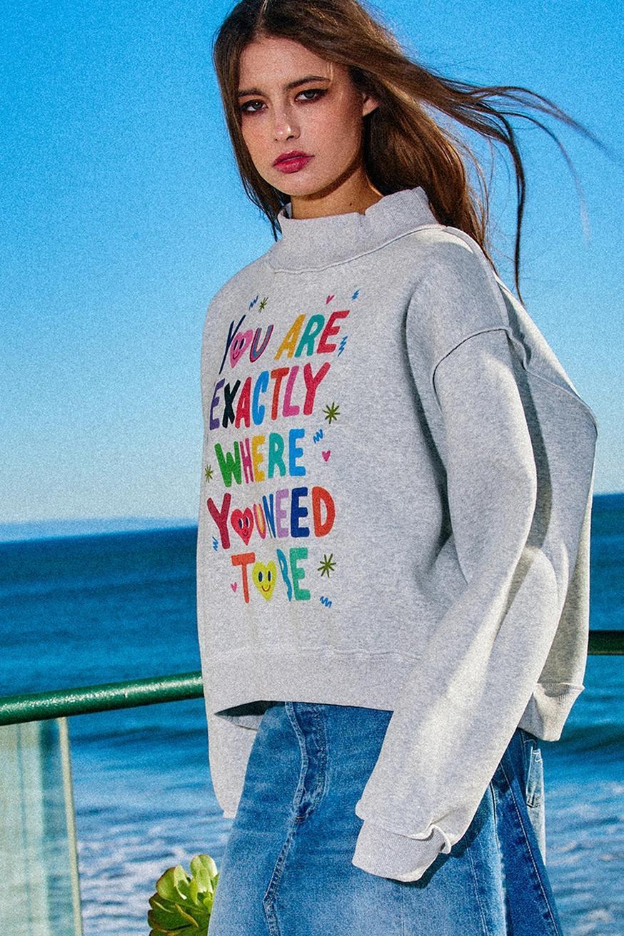 Reversible Graphic Mock-Neck Crop Sweatshirt - EXACTLY