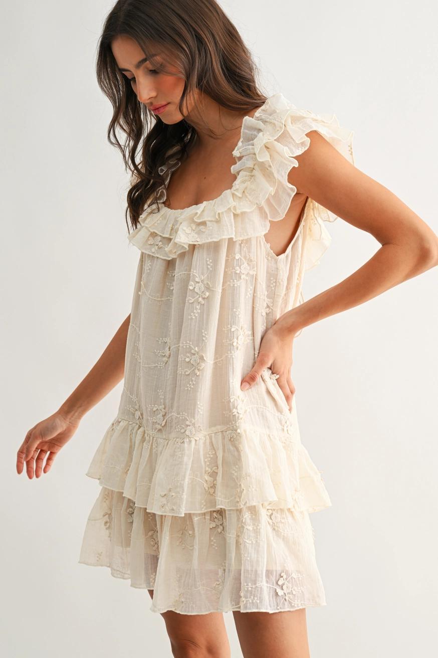 Ruffled Embroidered Tiered Dress in Cream