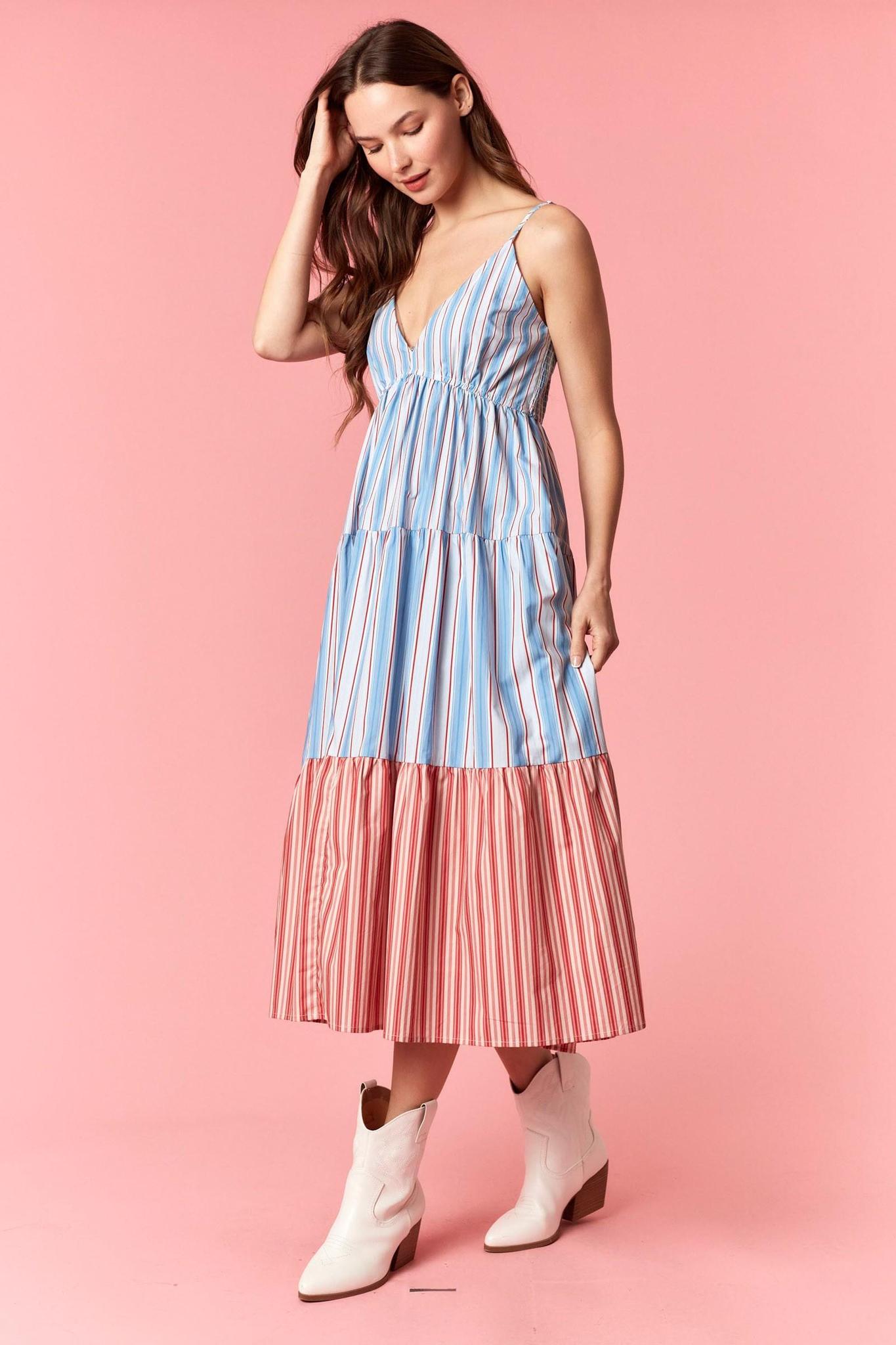 Multi Stripe Color Block Front Bow Tie Dress