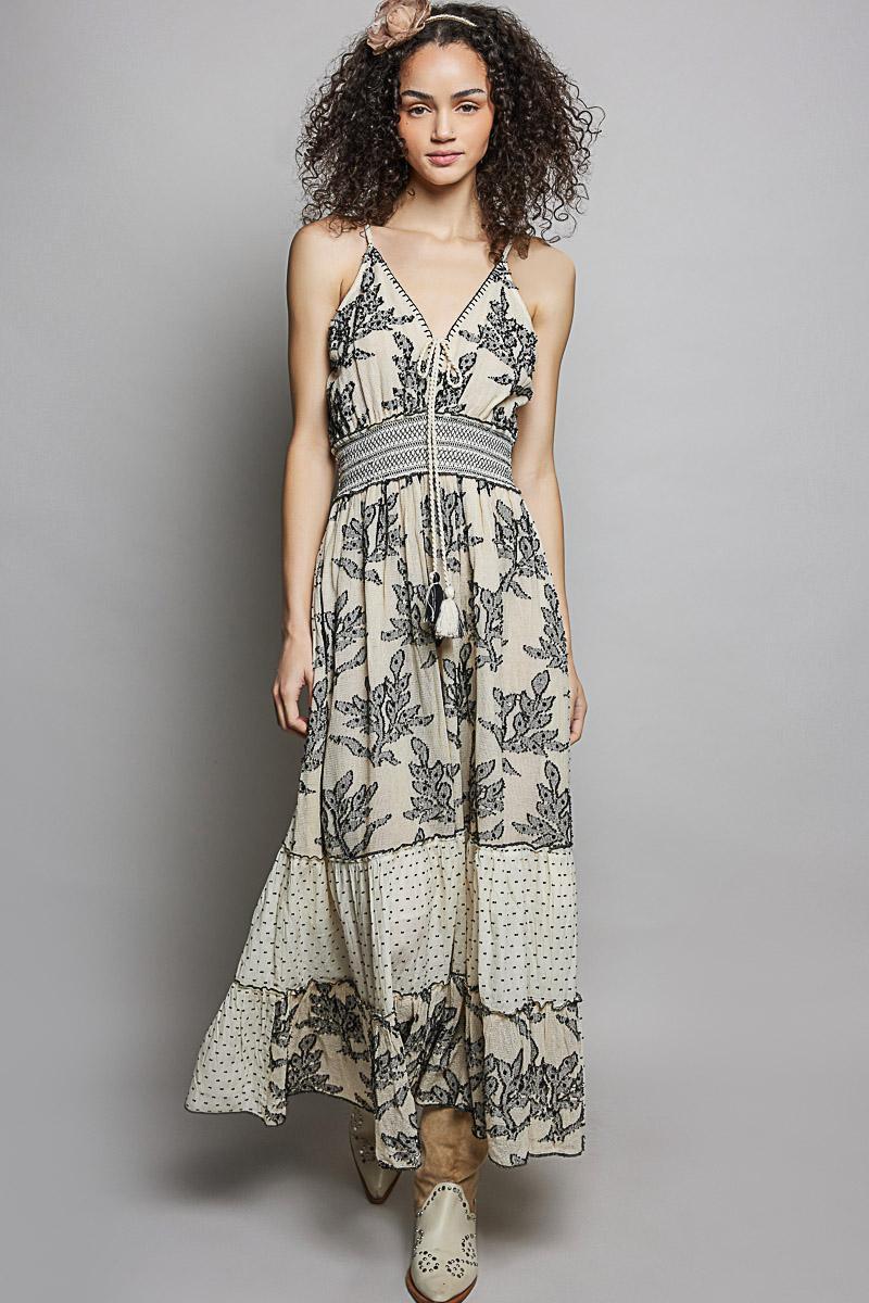 Handcrafted Touch Tassel Tie Smocked Waistband Maxi Dress