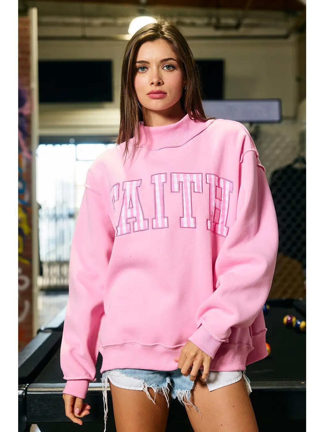 Stripe Embroidered "Faith" Mock Neck Sweatshirt