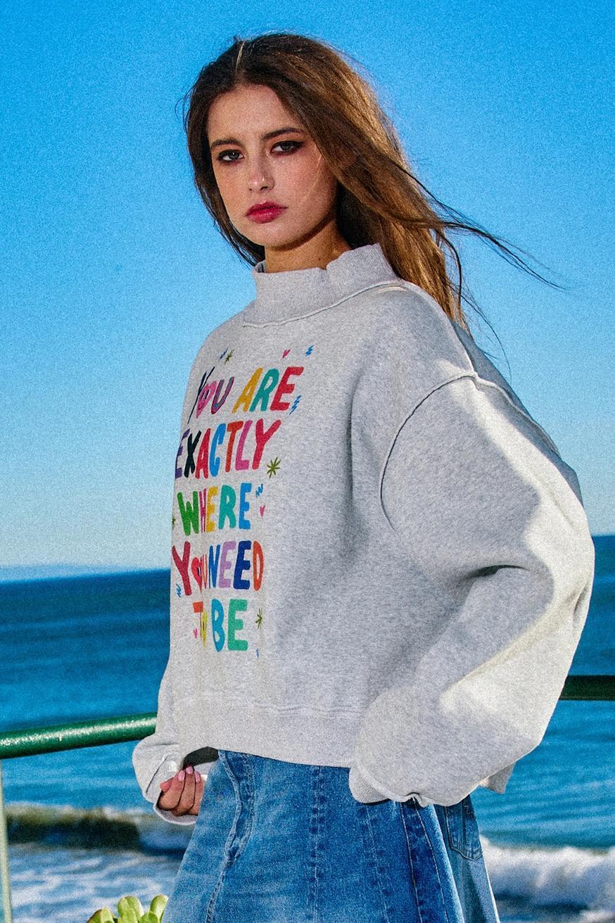 Reversible Graphic Mock-Neck Crop Sweatshirt - EXACTLY