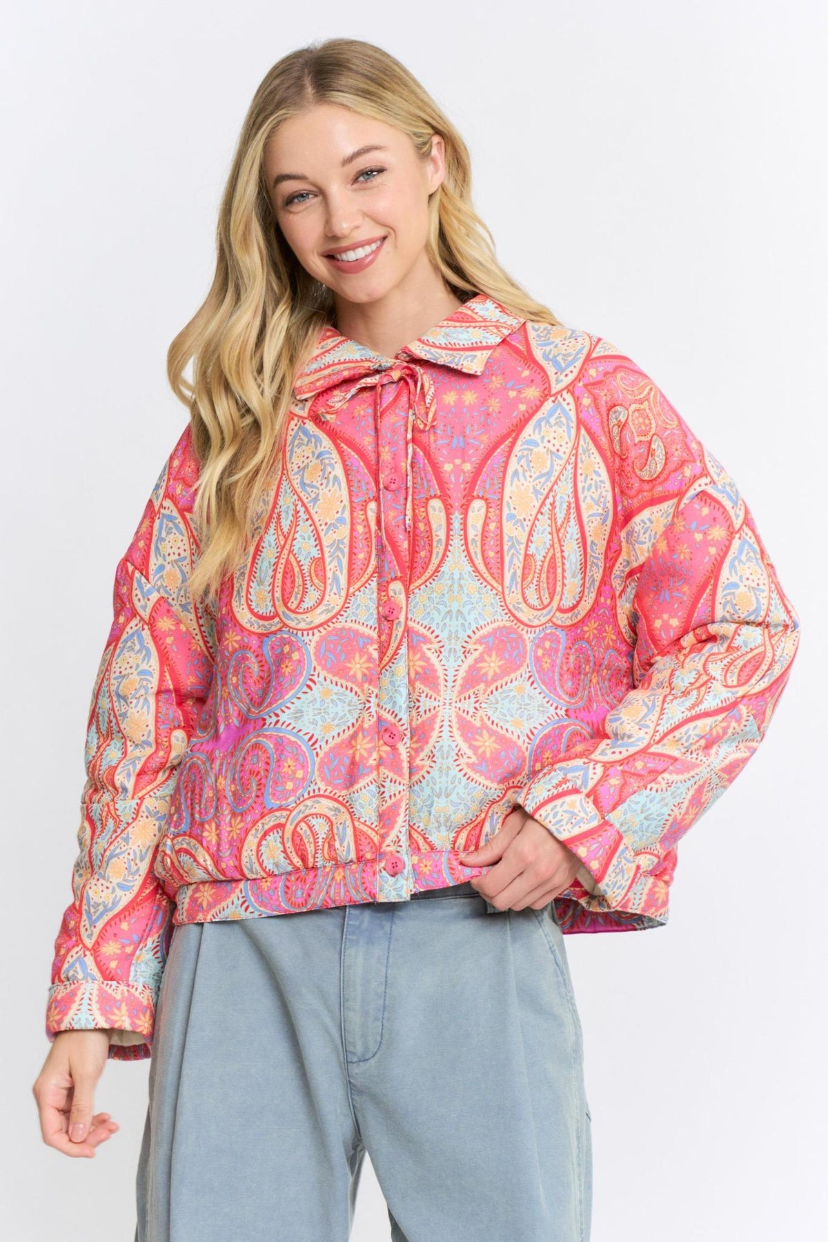 Paisley Print Button-up Quilted Jacket