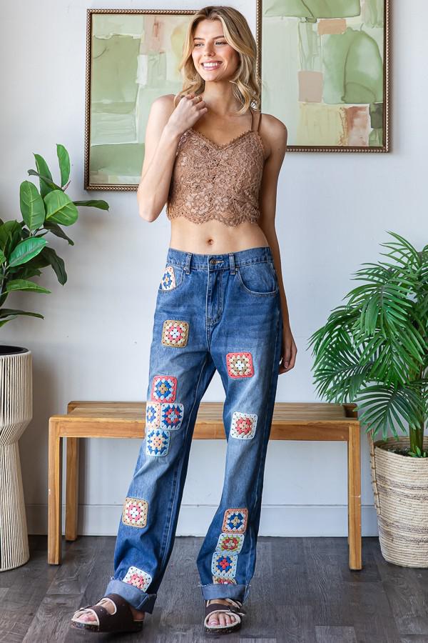 Square Crochet Patchwork Denim Jeans