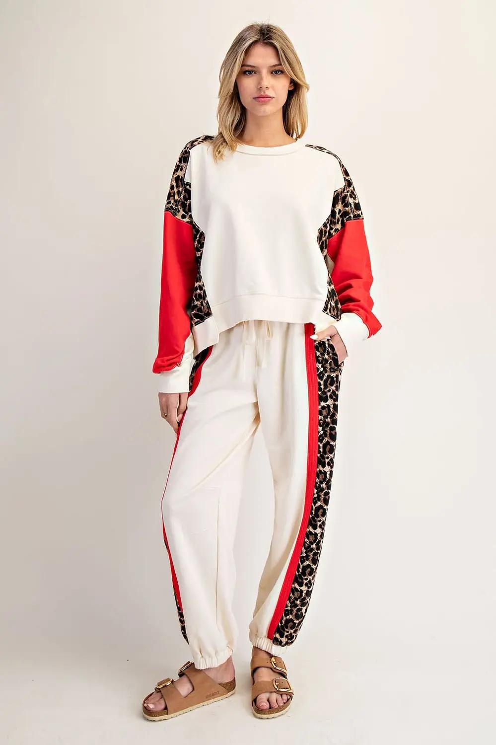 Leopard Color Block Dropped Shoulder Pullover