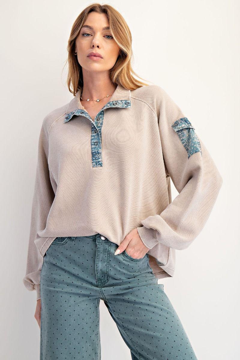 Blue Khaki Washed Rib Pullover