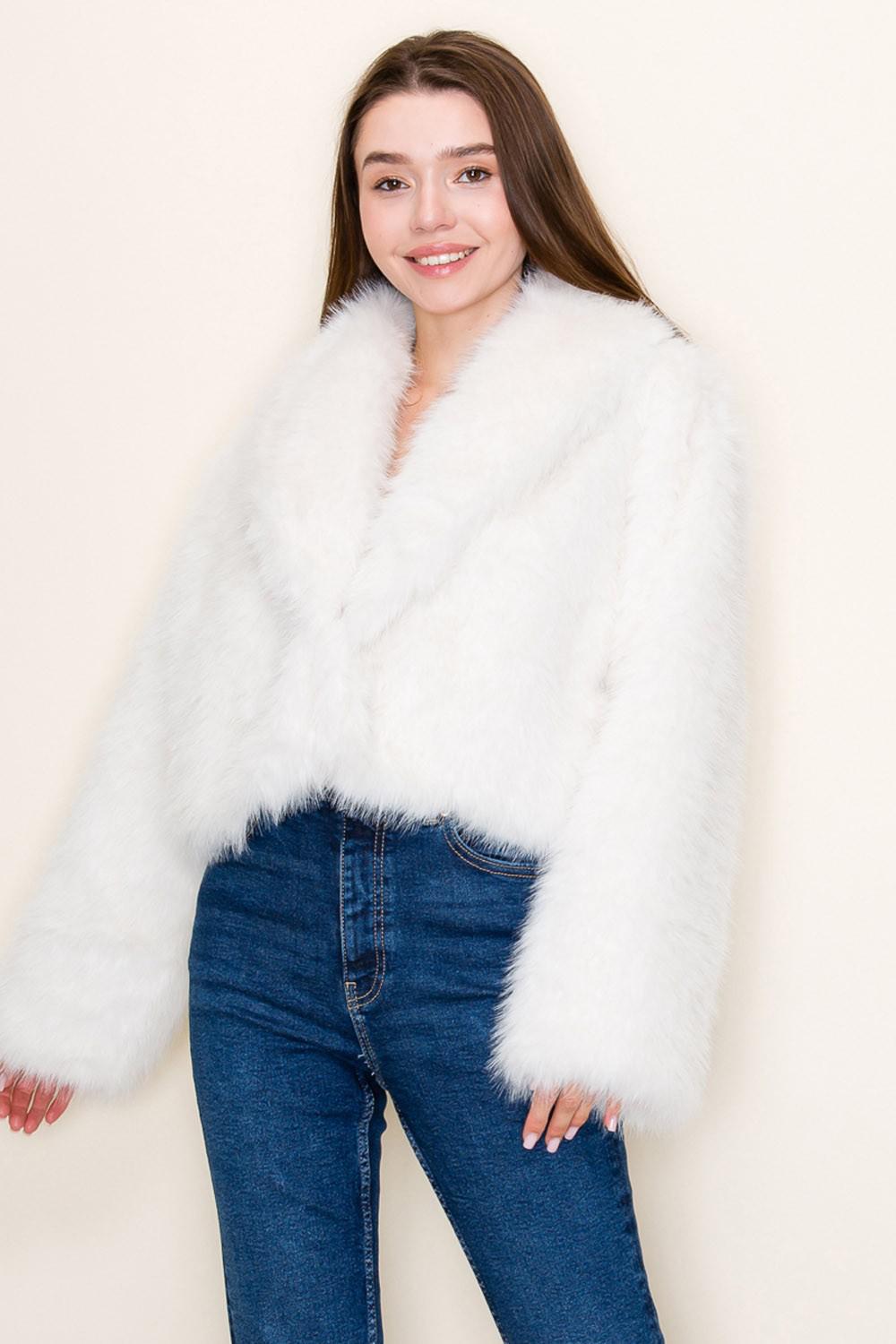 Ivory Long Sleeve Solid Fur Knit Jacket