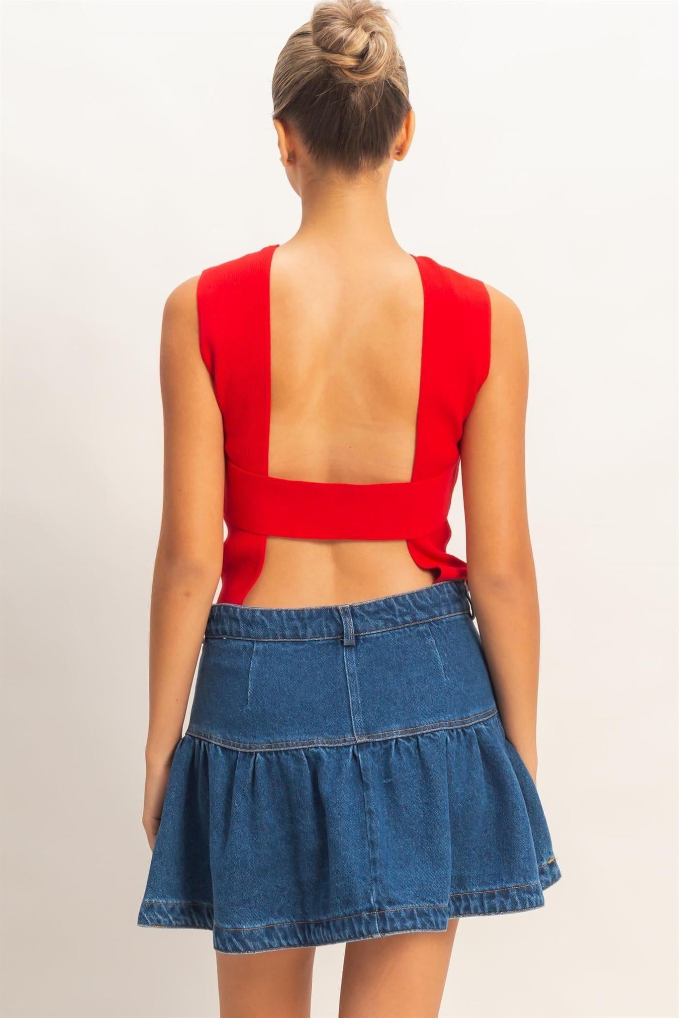 Ribbed Crew Neck Sleeveless Open Back Top