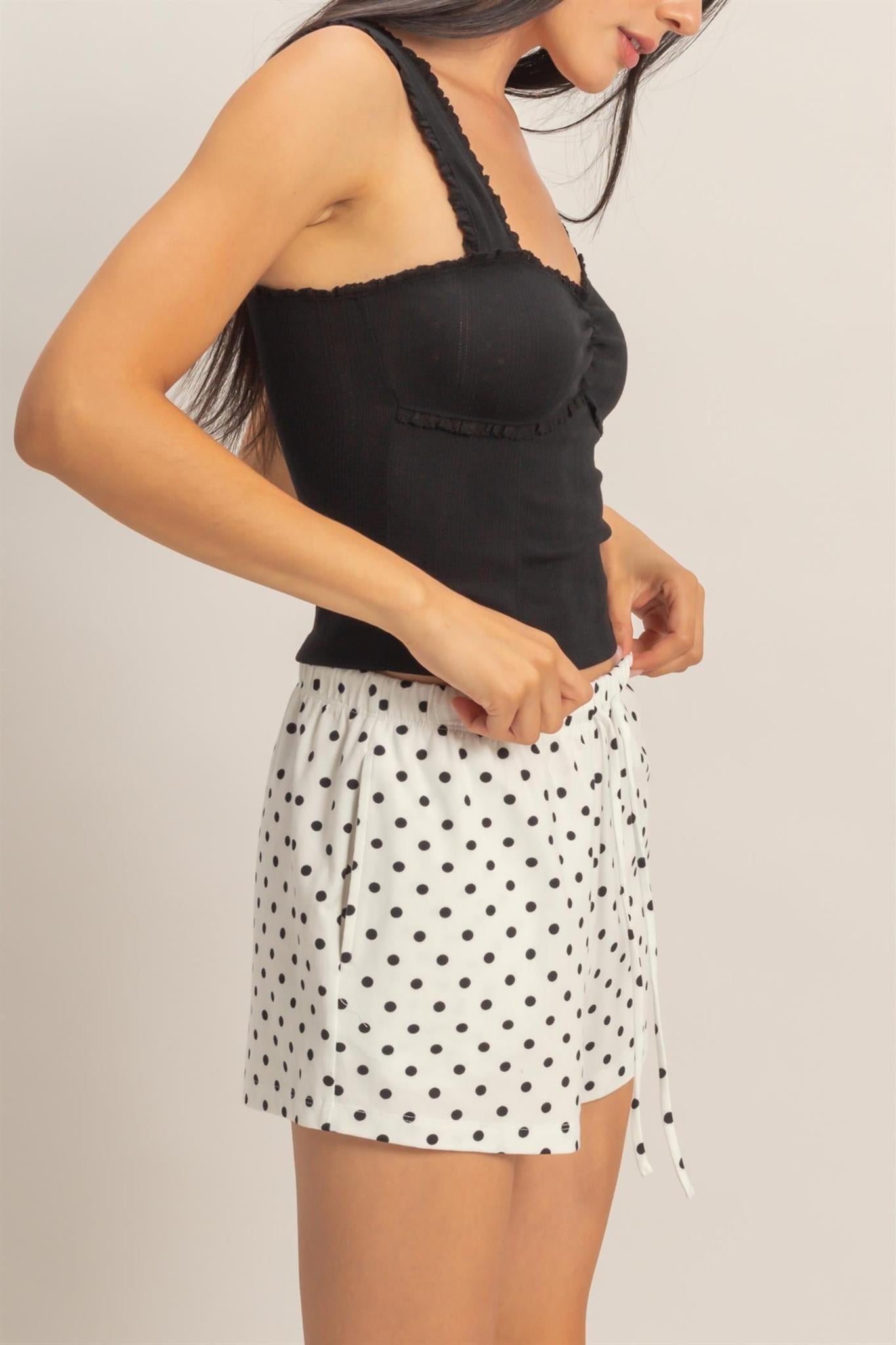 Polka Dot Drawstring Shorts - White