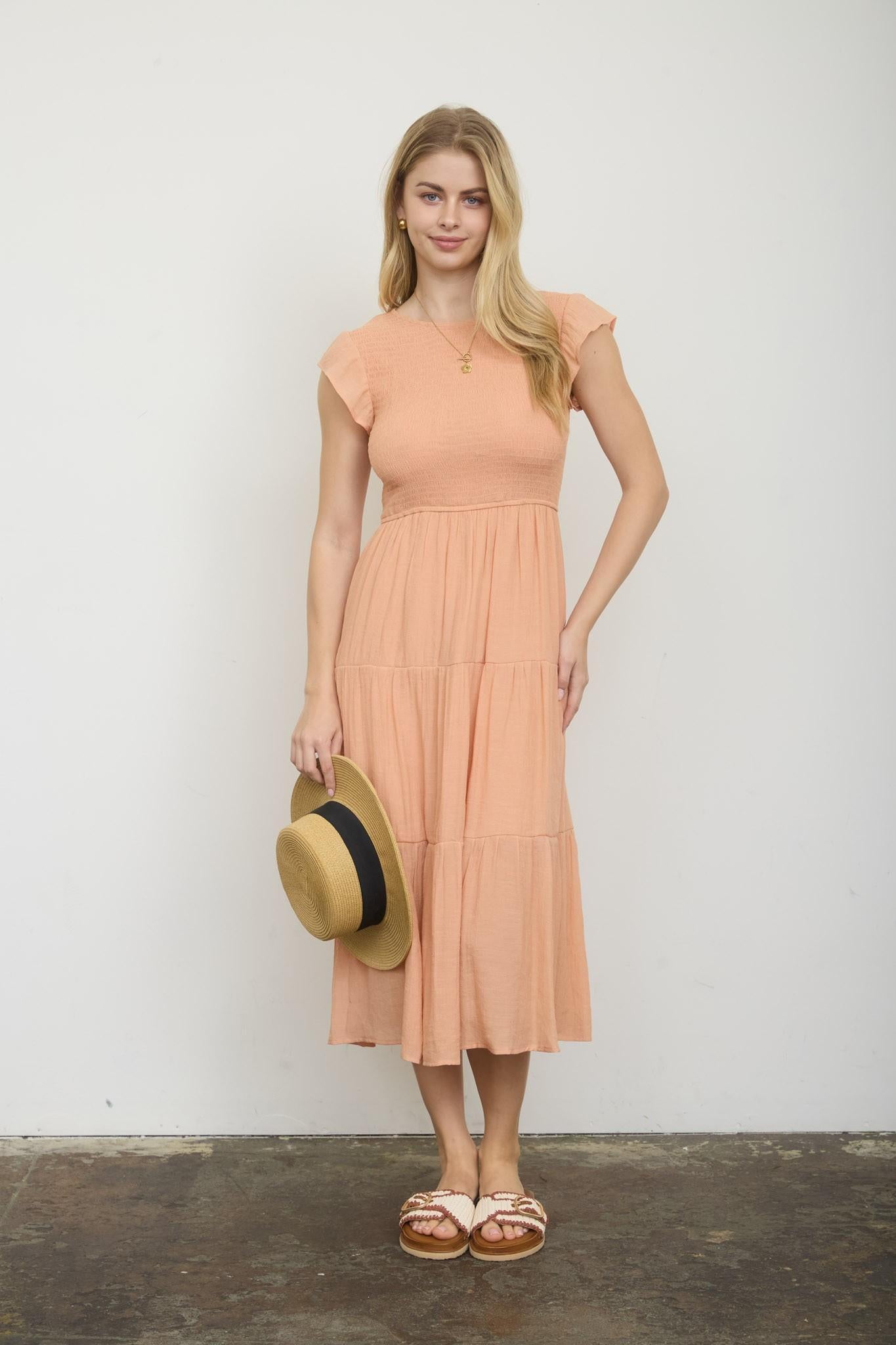 Tiered Smocked Short Sleeve Midi Dress