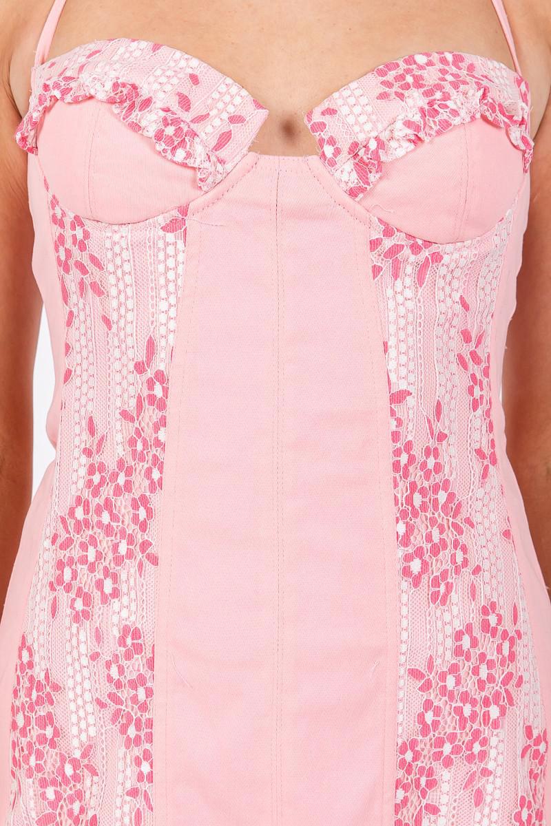 Pink Stretch Twill Lace Halter Mini Dress