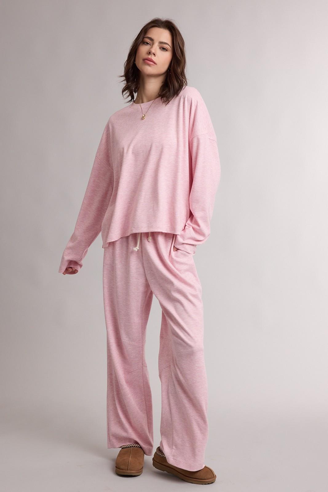 Rose Cream Striped Knit Top And Pants Set