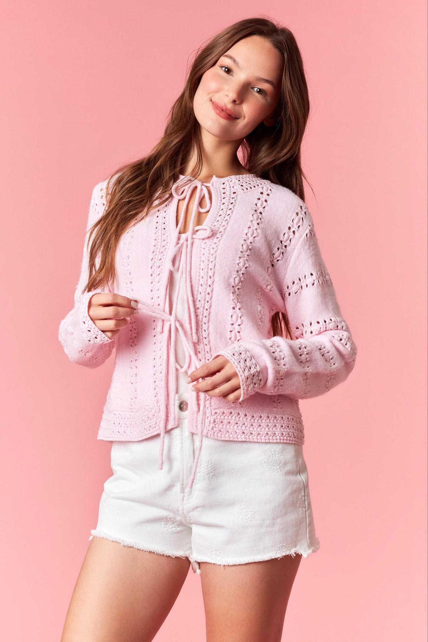 3 Bow Tie Strap Sweater Cardigan - Light Pink