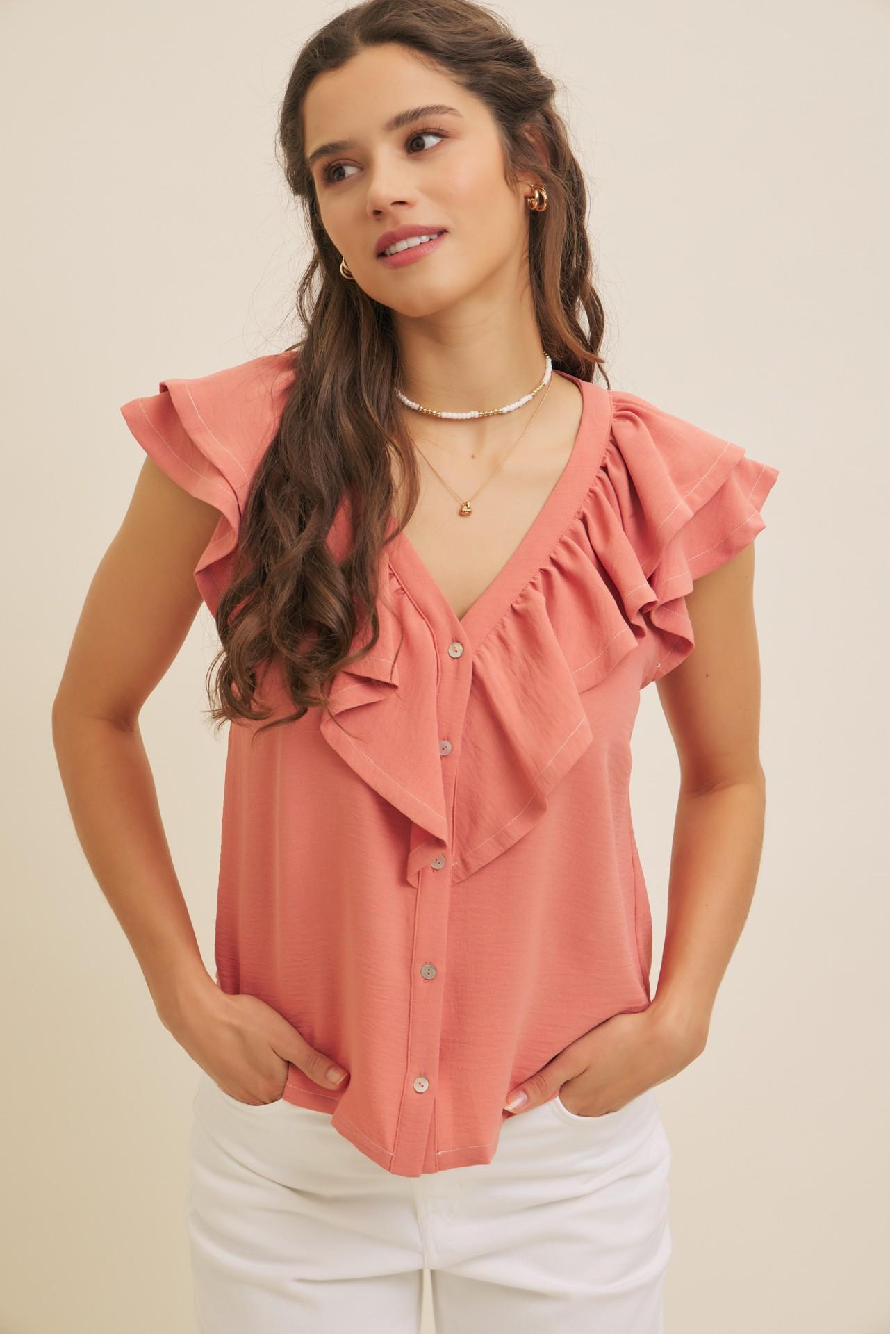 Terracotta Button-down Ruffle Blouse