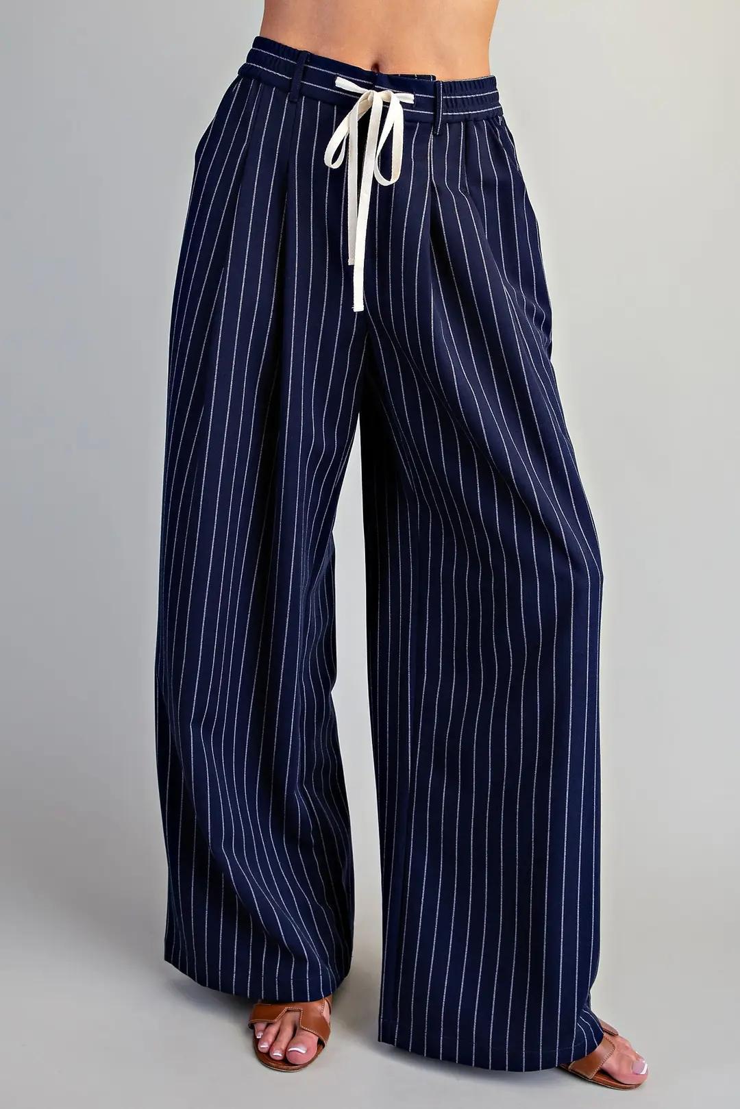Navy Pinstriped Front Tie Pants