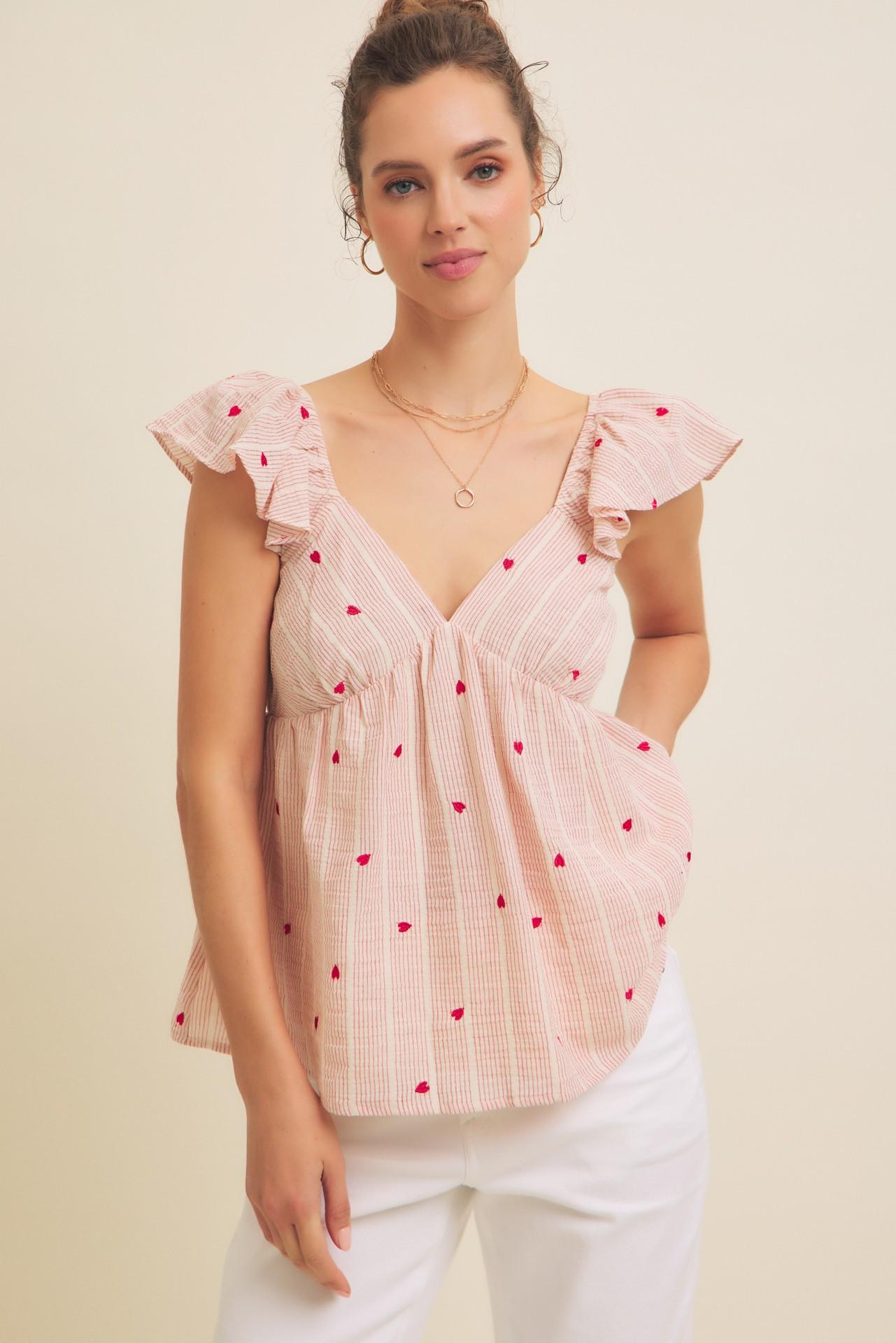 Heart Embroidery Stripe Cotton Linen Blend Top