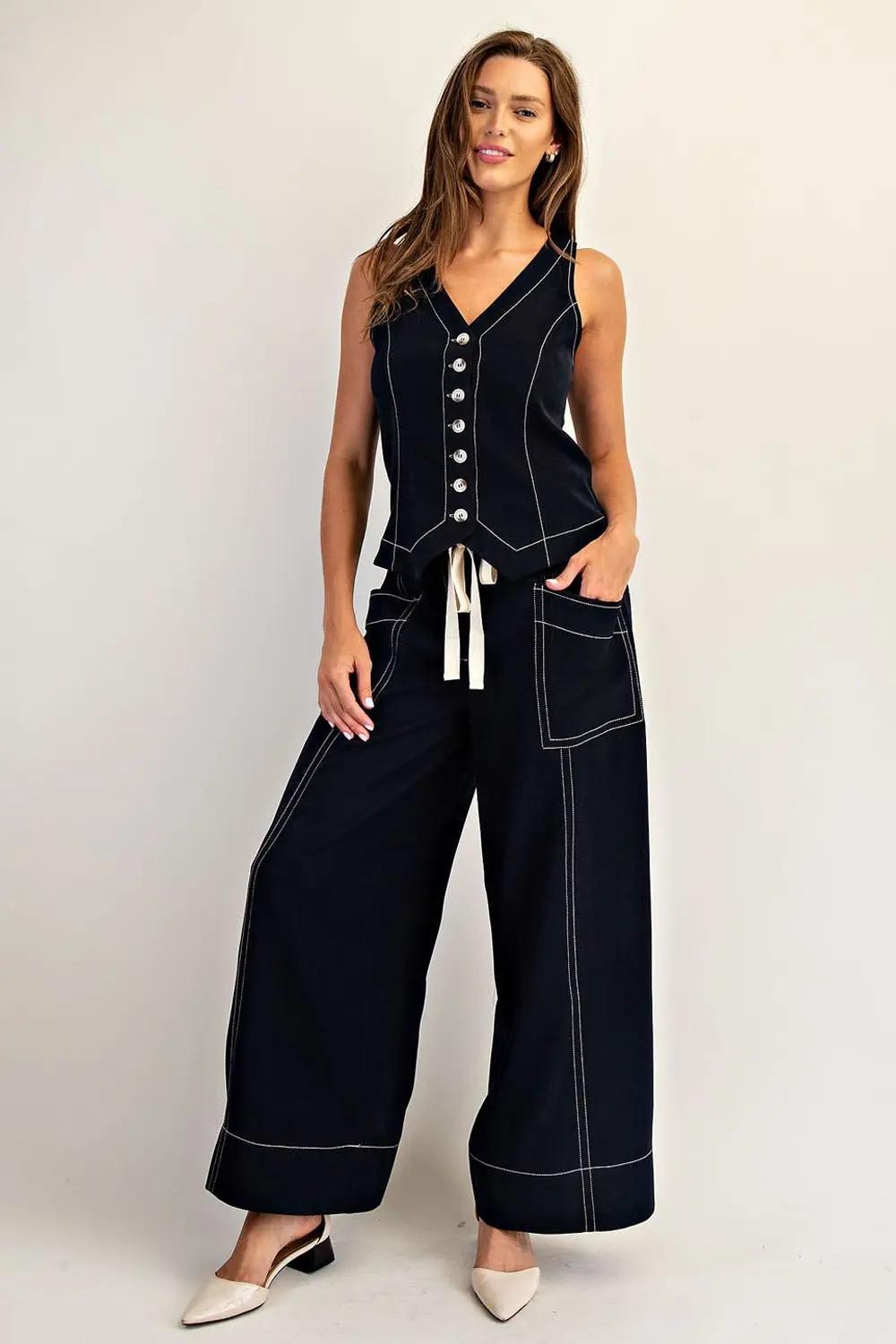 Soft Washed Contrast Stitch Wide Leg Pants