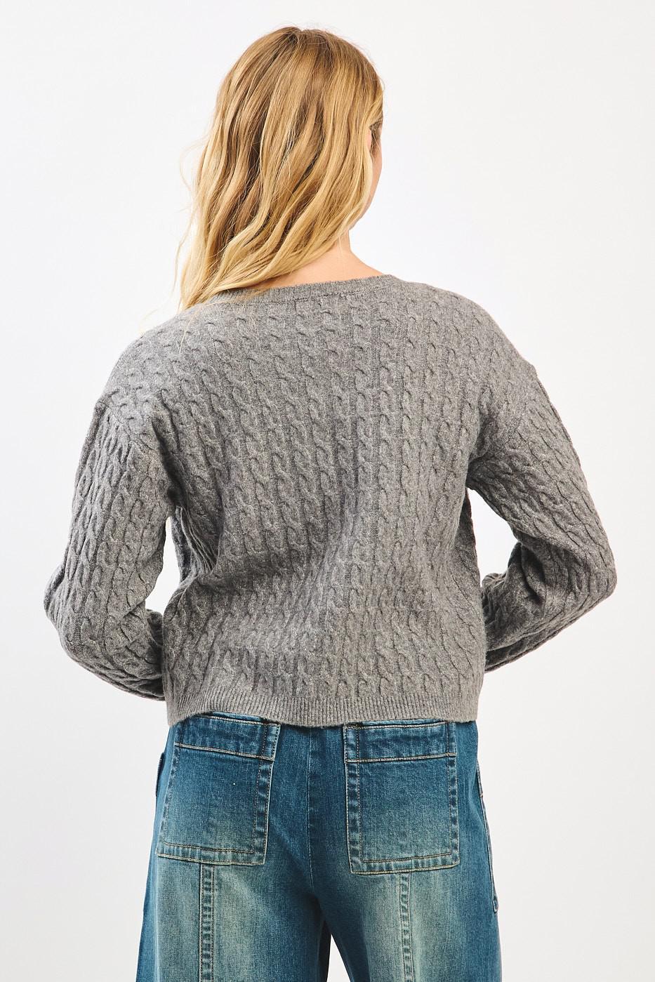 Heather Grey Cable Knit Crew Neck Cardigan