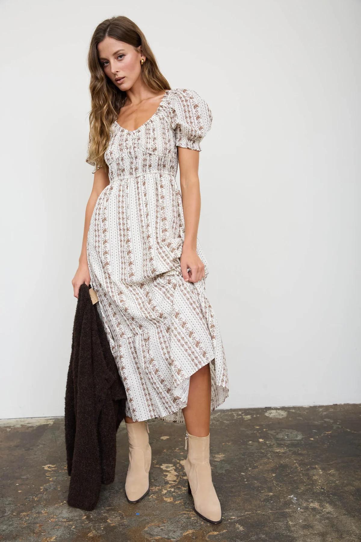 BROWN FLORAL STRIPE PUFF SLEEVE RUFFLED MIDI DRESS