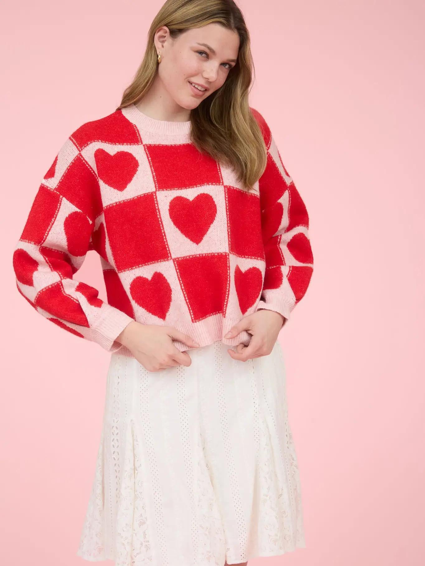 Red Heart Checkered Pattern Crew Neck Knit Sweater