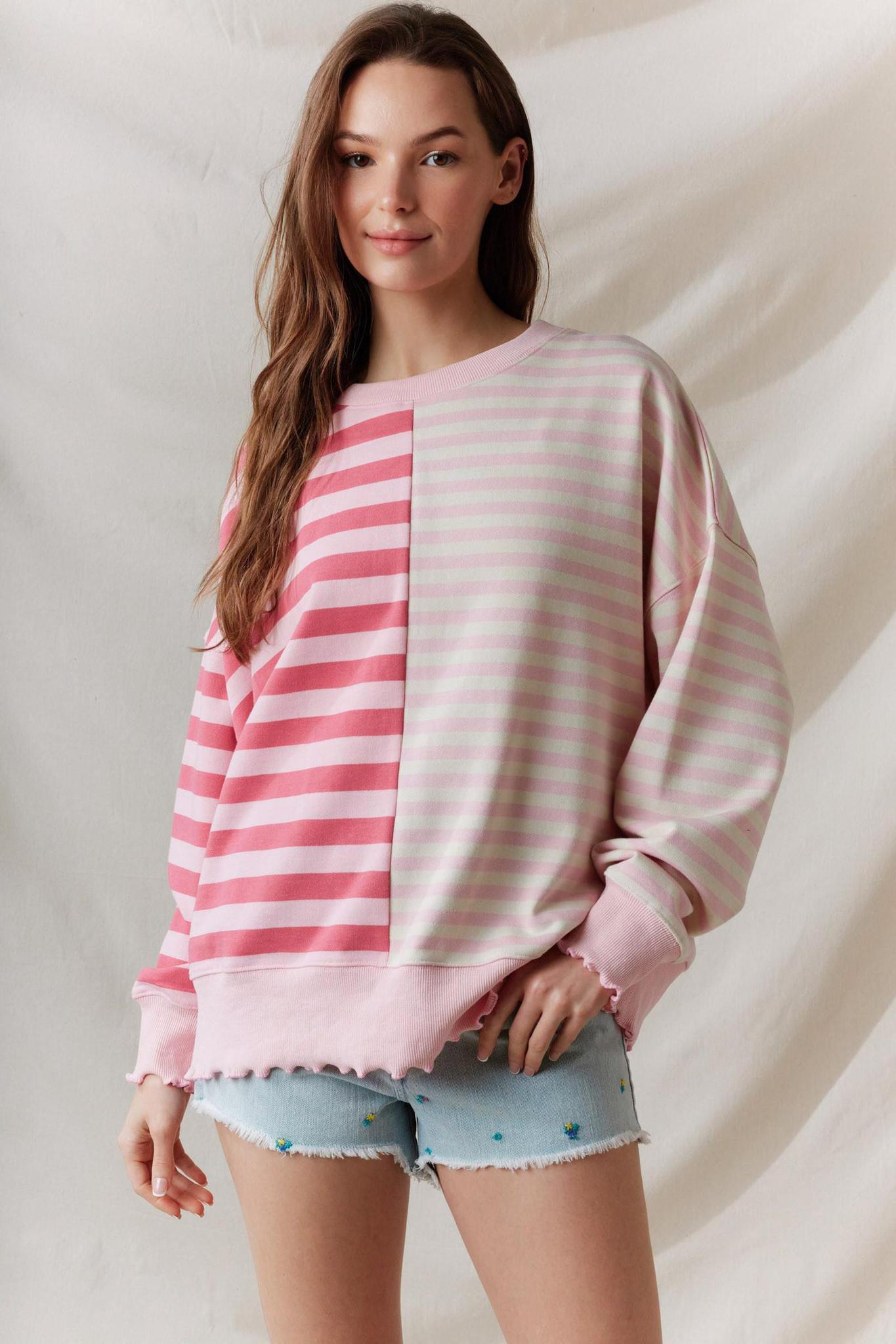 Striped Neck Lettuce Hem Detail Sweatshirts