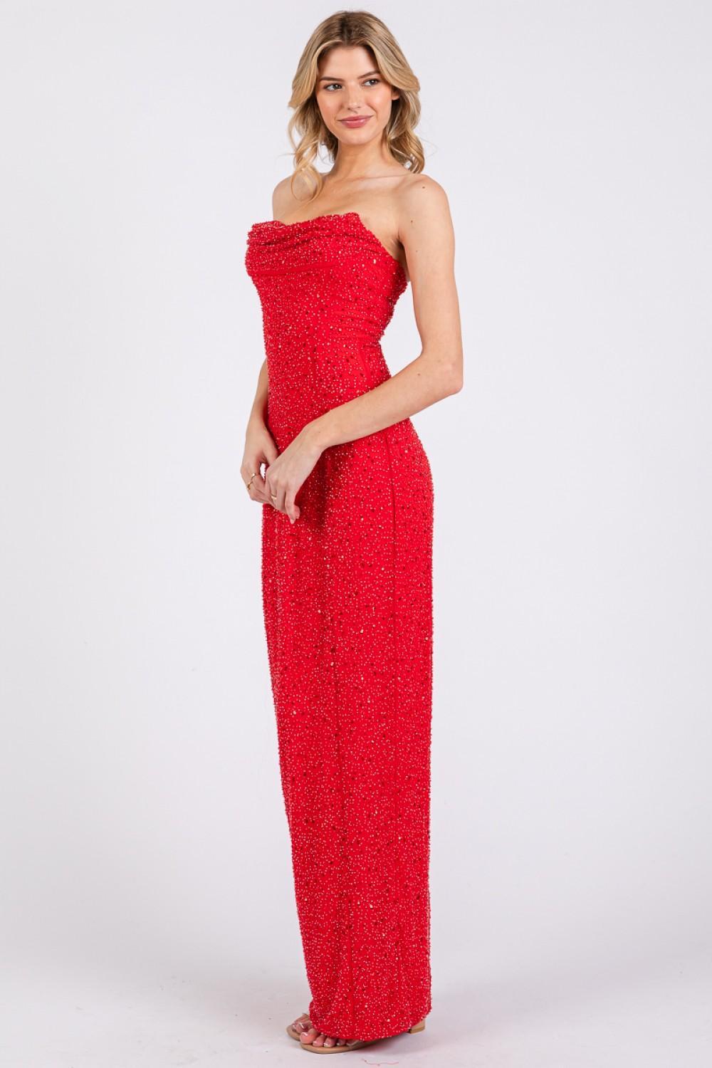 Red Mesh Pearl Bandeau Cowl Maxi Dress