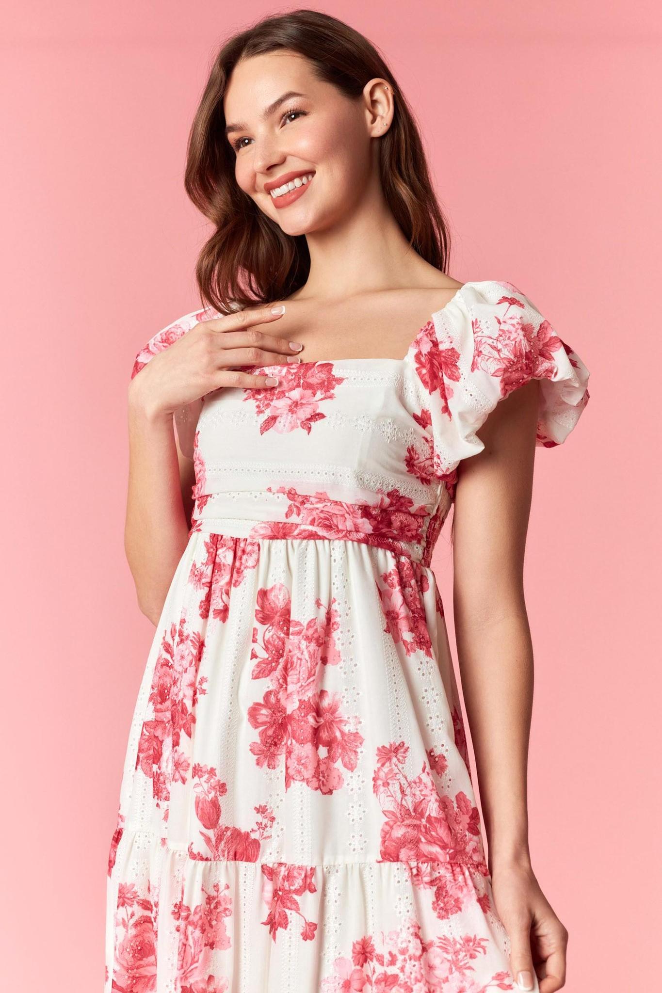 Mauve Floral Print Cap Puff Sleeve Smocked Maxi Dress C