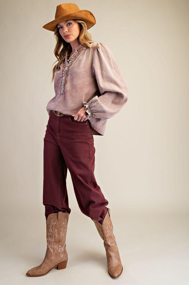 Vintage Wine Frayed Washed Jeans