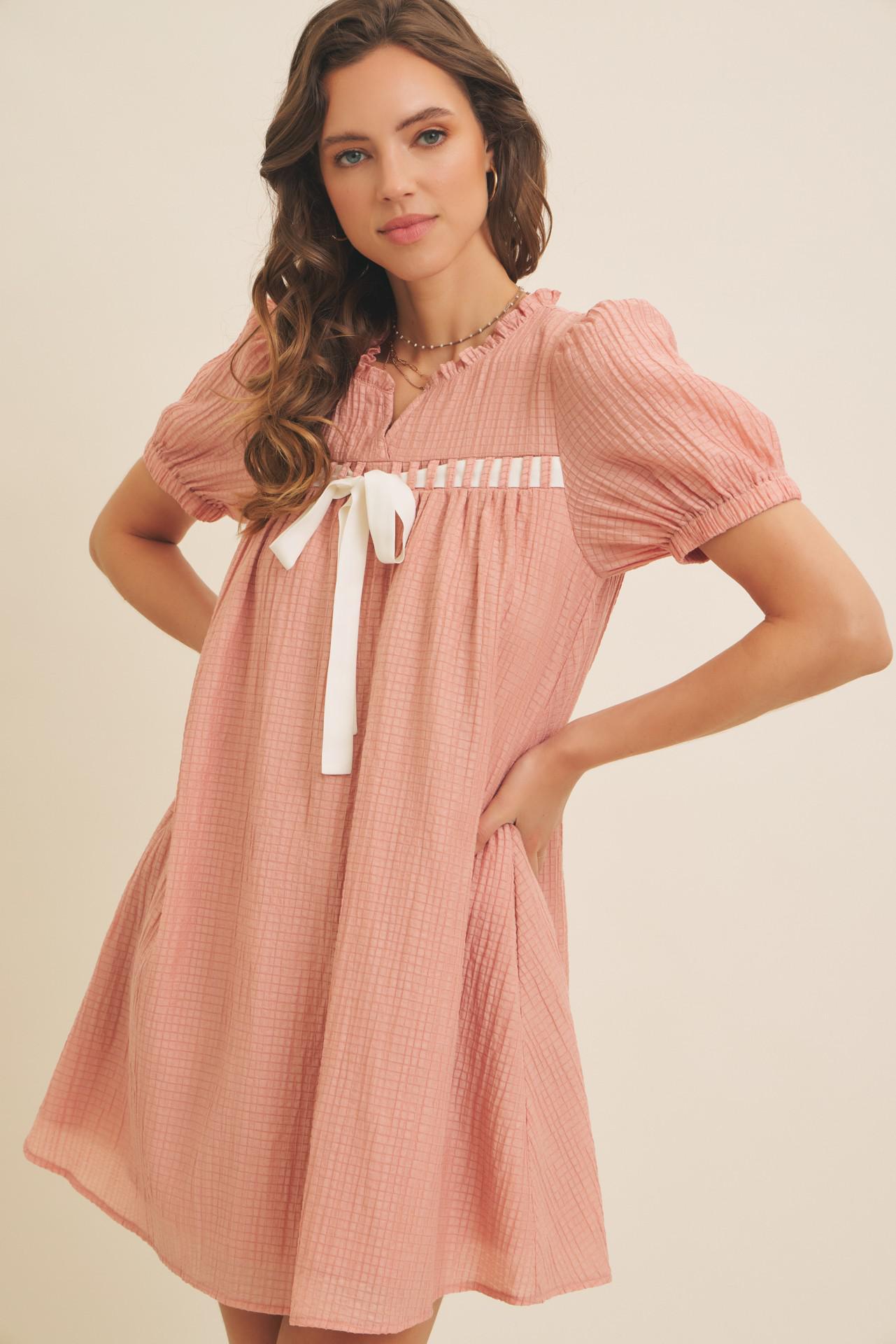 Textured Babydoll Mini Dress With Front Bow
