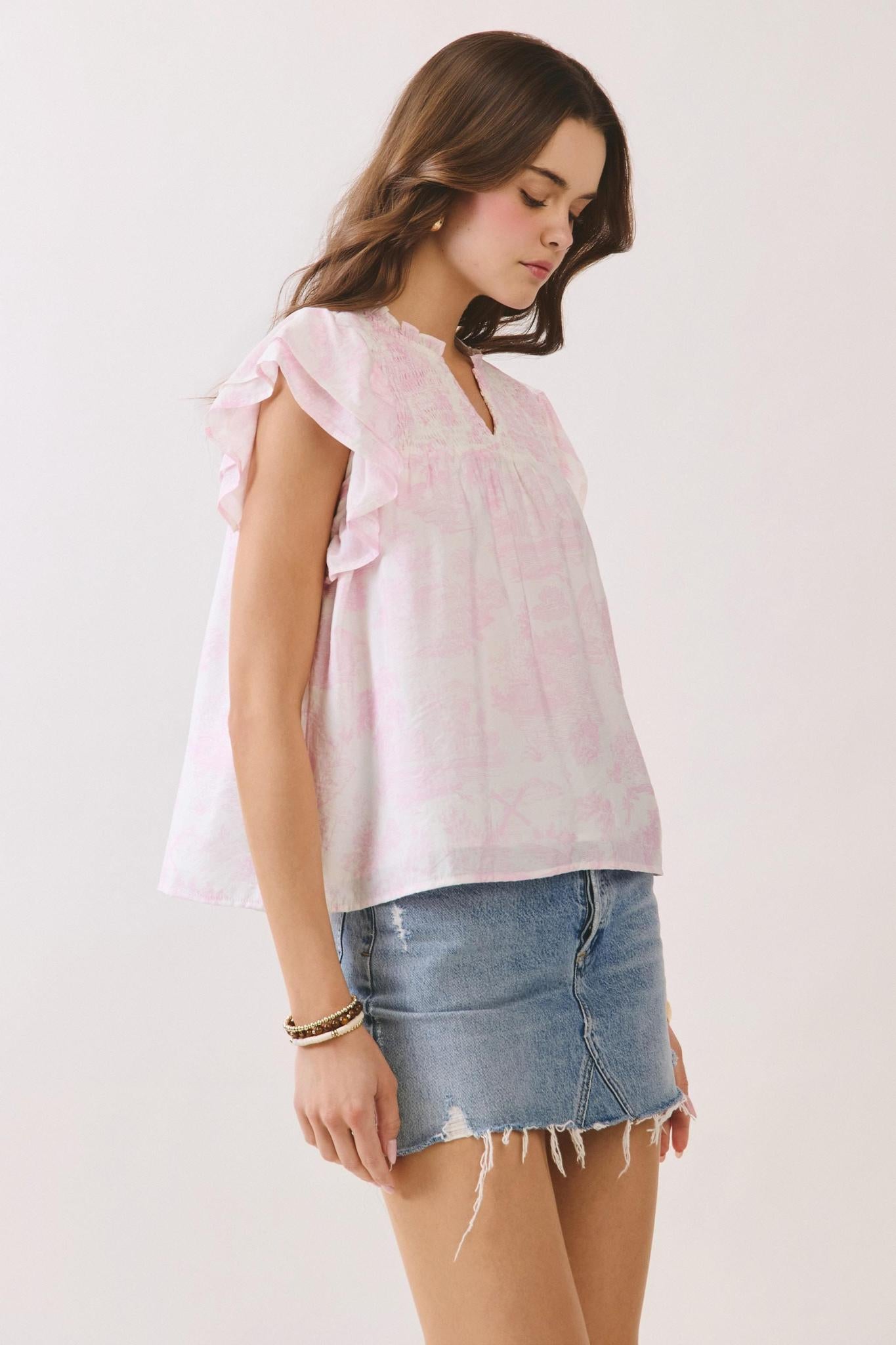 Pink Toile Smocked Ruffle Sleeve Blouse
