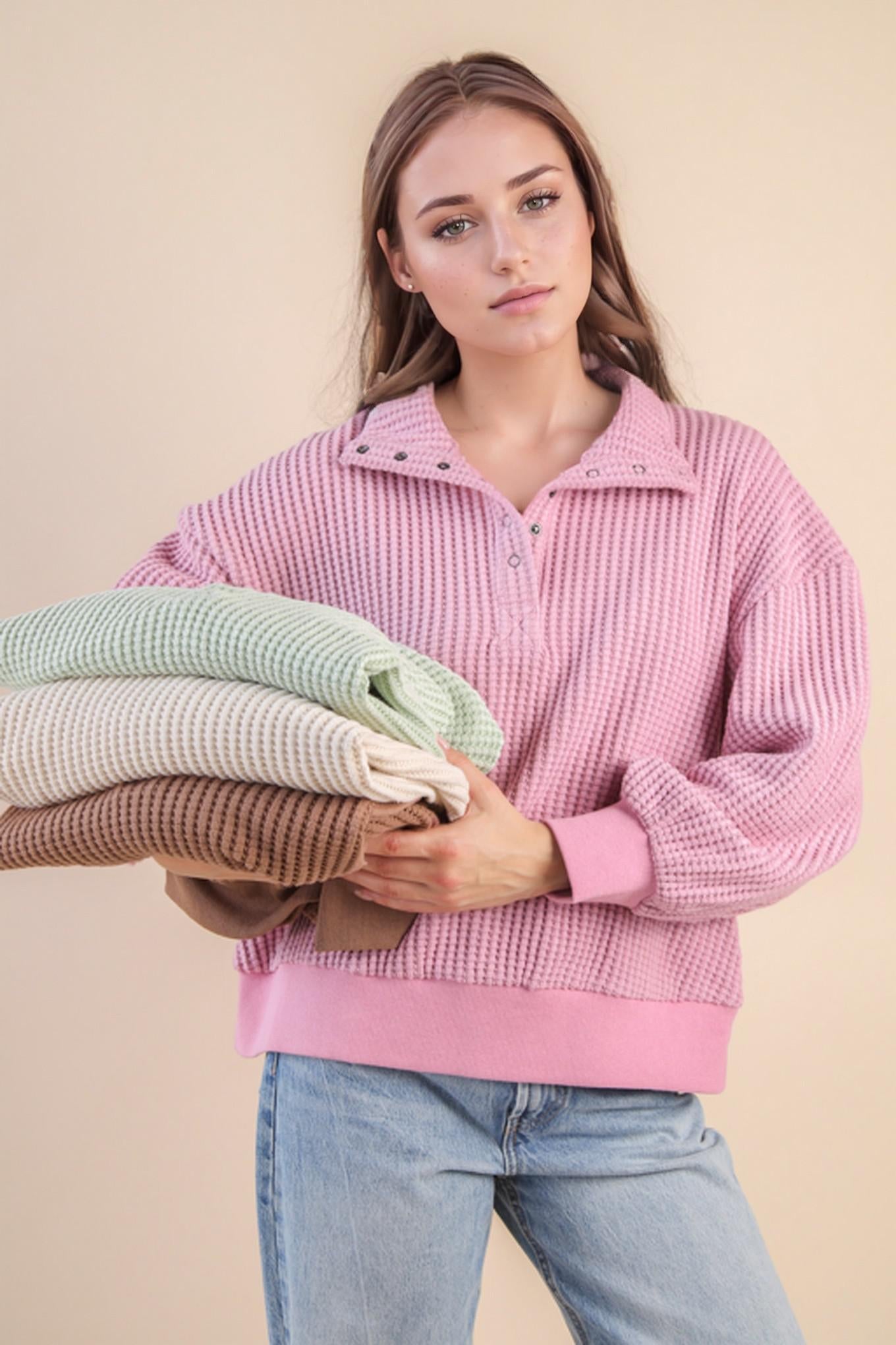 Oversized Half Button Waffle Knit Top