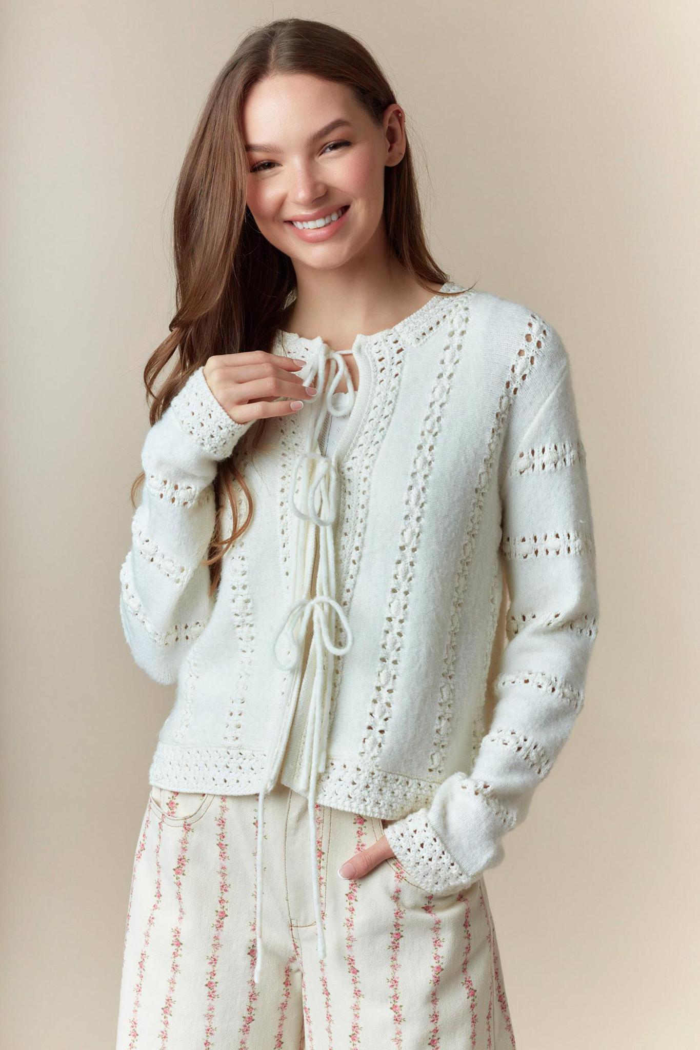 3 Bow Tie Strap Sweater Cardigan - Ivory