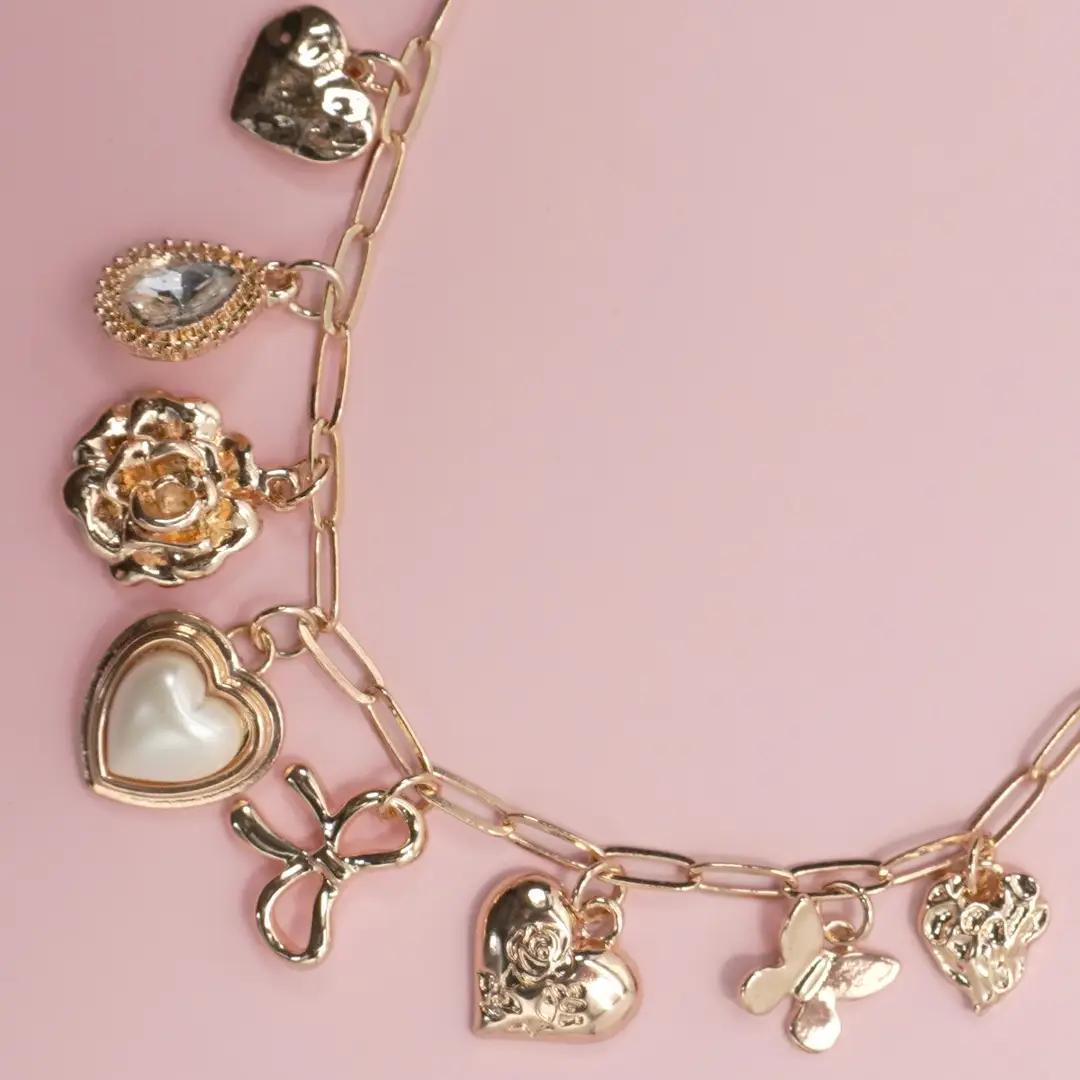 Charm Necklace-Bow Heart Rhinestone Flower