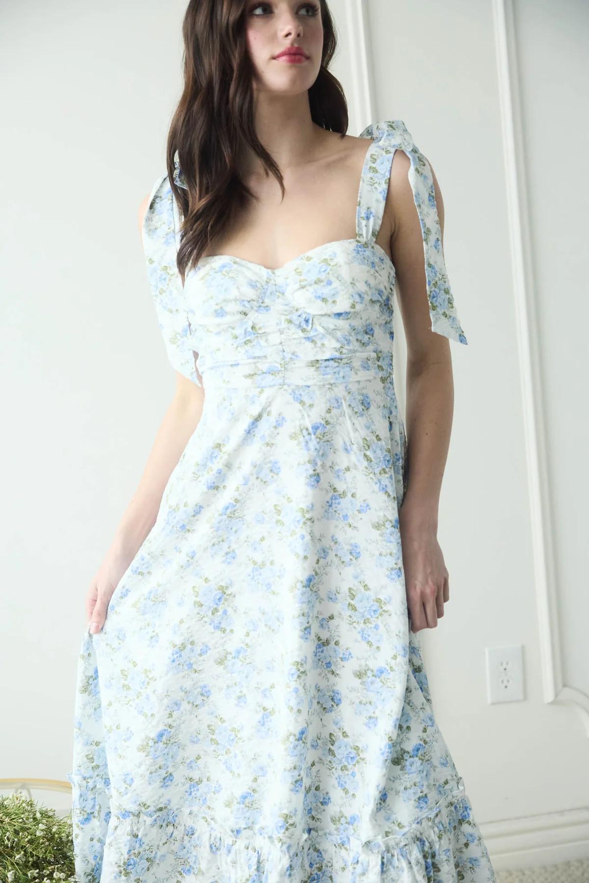 BLUE FLORAL TIE STRAP RUCHED DETAIL MAXI DRESS