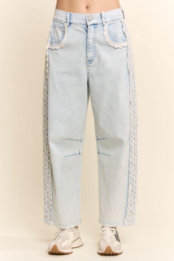 Baggy High Waisted Lace Trim Jeans Relaxed Fit