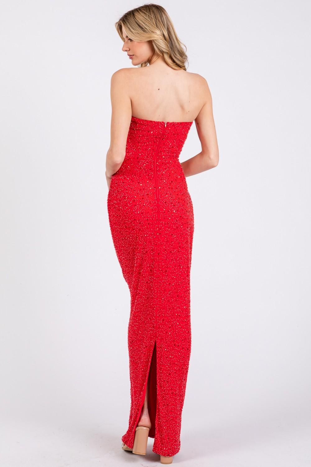 Red Mesh Pearl Bandeau Cowl Maxi Dress