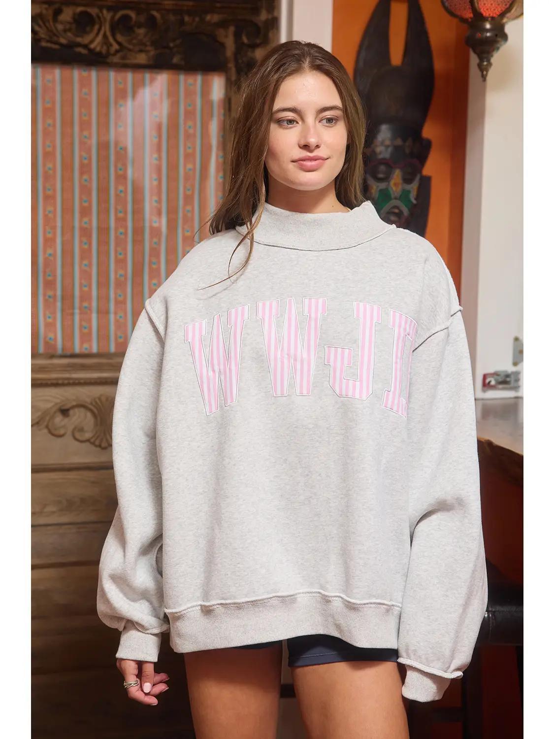 Pink Stripe Embroidered "WWJD" Mock Neck Sweatshirt
